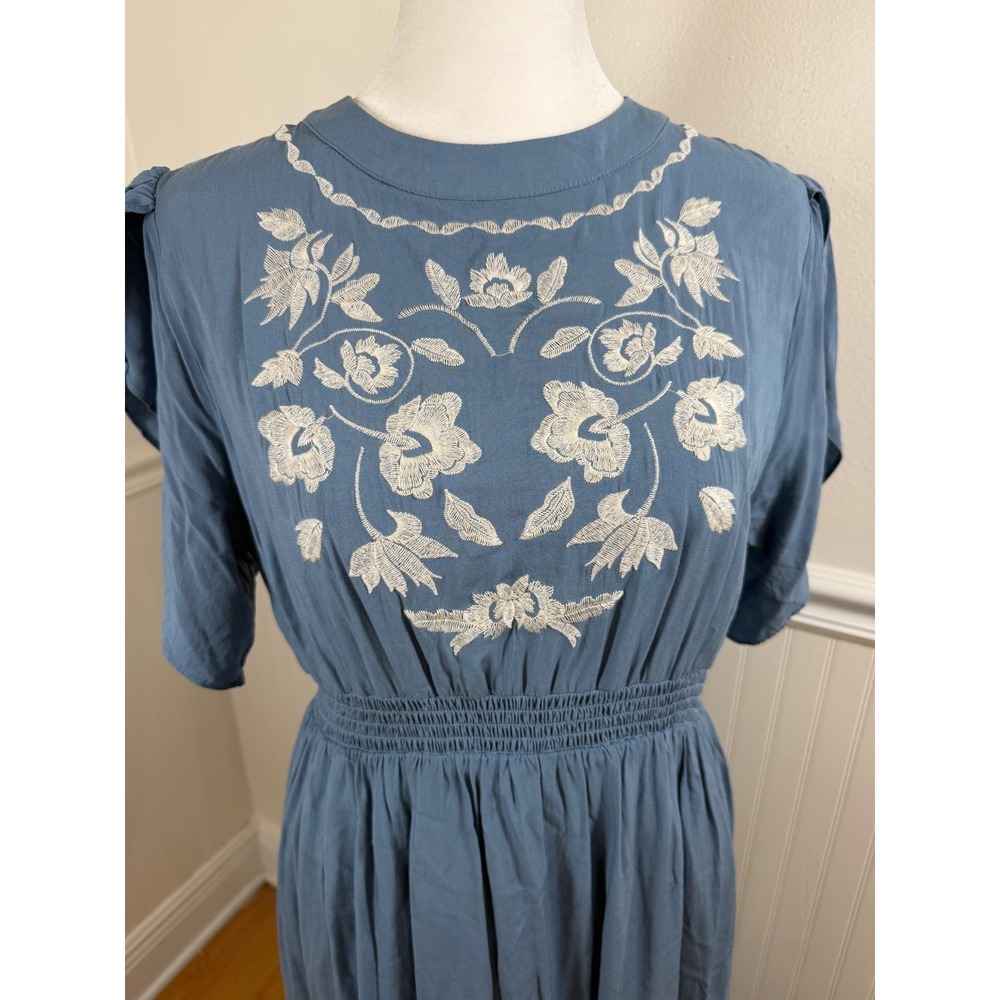Bohme Maxi Dress Women Large Blue Floral Embroidered Smocked Waist PSD1844A-BM - Picture 2 of 9